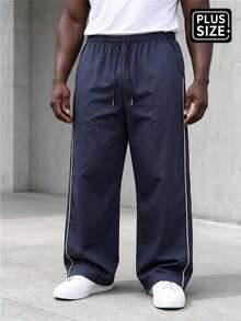 Men's Plus Size Navy Blue Side White Stripe Wide Leg Long Pants Drawstring Elastic Waist Casual Straight Leg - Blue - View 3