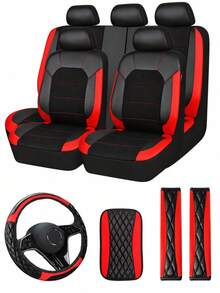 13/4pcs Universal Car Seat Covers - Black PU Leather & Breathable Mesh Seat Protector, Includes Steering Wheel Cover, Armrest Pad And Shoulder Strap Cover - Fine 3D - View 9