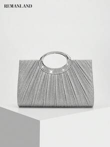 REMANLAND Fashionable Silver Glitter Handbag, Radiating Pleats With Rhinestone Ring Handle, Elegant Evening Purse For Weddings, Galas, Dinners And Parties - Silver - View 8