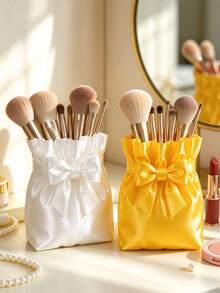 Cute Bow Satin Makeup Brush Holder, 3D Printed Storage Decor, Bow Pen Holder Storage Tube, Pleated Silky Makeup Storage Cup, Decorative Desktop Storage Container Suitable For Vanity, Girls Makeup Accessories - Multicolor - View 1