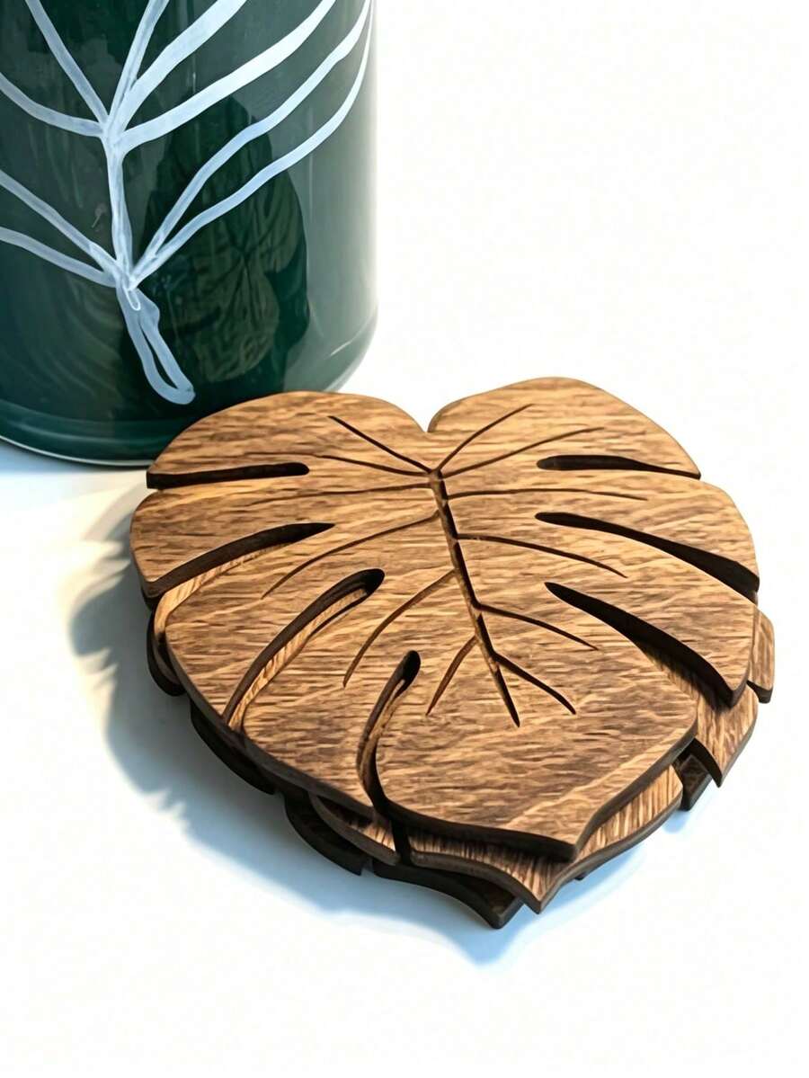1/4/6pcs Monstera Leaf Natural Wooden Coaster Set, Heat-Insulating Coaster, Anti-Burn Table Mat, Plate Coaster, Beverage Coaster, Non-Slip Table Mat, Best Choice For Christmas, Perfect Gift For Thanksgiving - Brown - View 1