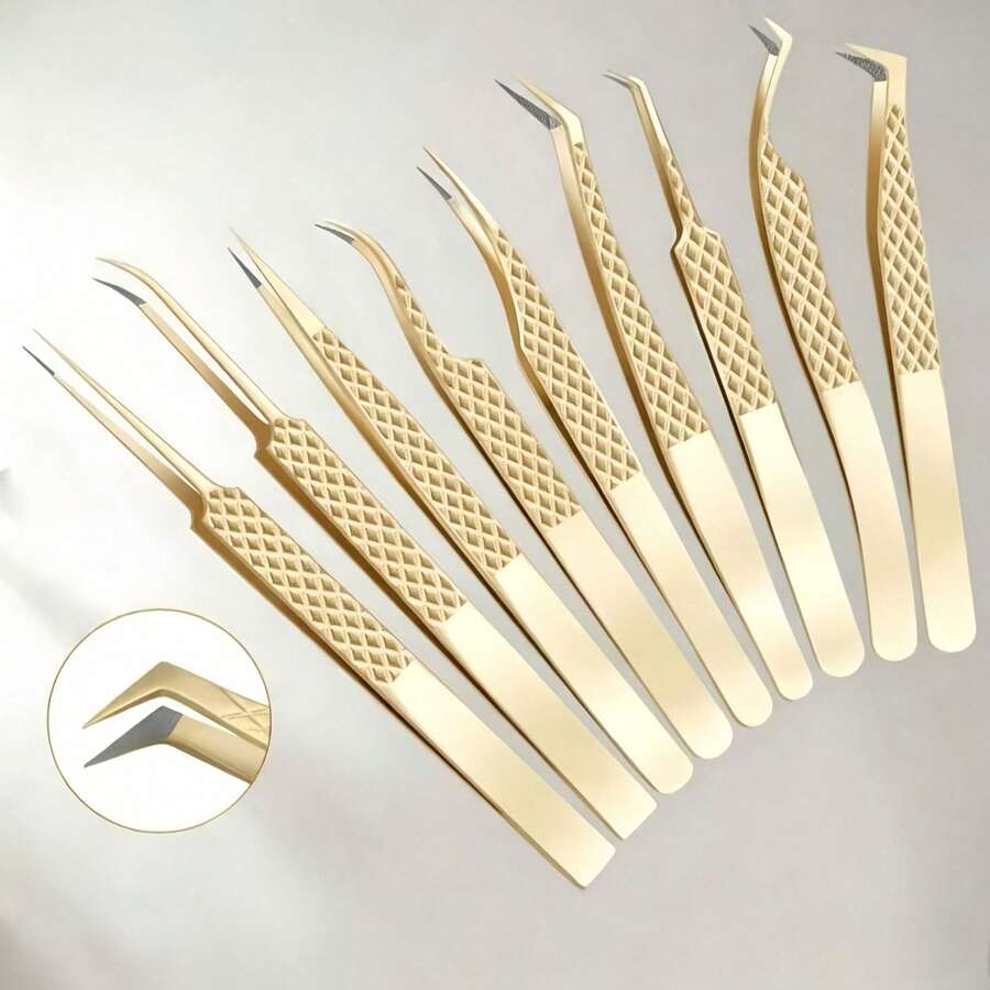 1pc Nagrakku Precision Fiber Pointed Tweezers, Gold Eyelash Extension Tweezers, Diamond Anti-Slip Textured Curved Tip Eyelash Tweezers, Stainless Steel Dolphin Shaped Eyelash Extension Makeup Tool - Gold - View 1
