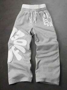 Teen Boys Letter Print Drawstring Waist Loose Casual Grey Stacked Sweatpants - Light Grey - View 3