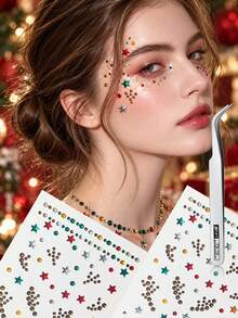 2/3 Sheets Christmas Atmosphere Face Gem Decoration Sticker, Self-Adhesive, Christmas Tree, Snowflakes, Antlers, Star, Multi-Element Patterns, Suitable For Christmas Party, Rave, Portrait Photography, Stage Makeup Face Decoration - Multicolor - View 5