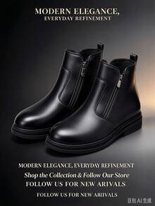 Men's Black Chelsea Boots, Autumn/Winter New British Style Round Toe Ankle Boots, Thick Sole Business Casual Boots, Versatile Commuter Boots - Black - View 3