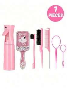 7pcs/1set Kids Cute Cartoon Square Comb & Spray Bottle Set, Cartoon Eiffel Tower Print Anti-Static Plastic Comb, Portable Pattern Hair Pin, High-Pressure Mist Spray Bottle, Suitable For Children, Normal Hair, Durable ABS Handle, Cute Square Design, Hair Styling Tool Set - Multicolor - View 9