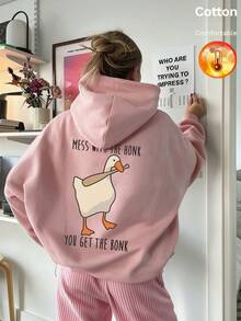 Höst/vinter dam hoodie i fleece med ankmönster och engelsk text Y2K - Sandröd - Visa 4