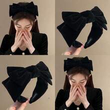 1pc Elegant New Versatile Premium Velvet Large Bow Headband, Wide Non-Slip Hair Accessory For Women, Enhances Crown Height - 1pc Black - View 4