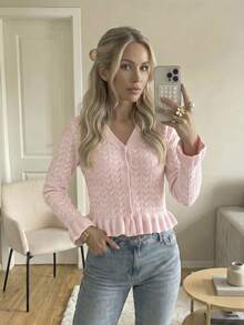 Women's Autumn/Winter Party & Outing Set, Pink Knit Hollow Design Long Sleeve Top, Casual Style - Pink - View 3