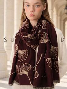 1pc Women's Ginkgo Leaf Pattern Casual Commute Daily Versatile Polyester Scarf, Suitable For All Seasons - Burgundy - View 2
