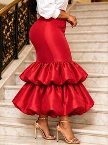 Plus Size Red Satin Fitted Mermaid Skirt, Elegant High Waist Double Layer Ruffle Flared Hem, Formal Occasion Church Wedding Guest Evening Dress - Red - View 5