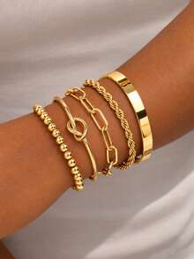 5pcs Set Of Elegant Adjustable Stacking Bracelets And Bangles, Minimalist And Fashionable For Women - Gold 5-pack - View 1