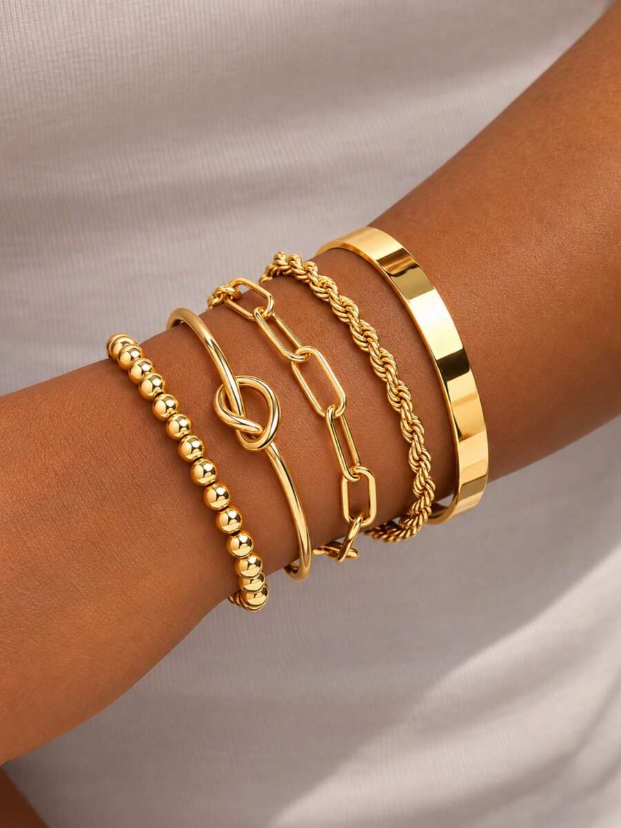 5pcs Set Of Elegant Adjustable Stacking Bracelets And Bangles, Minimalist And Fashionable For Women - Gold 5-pack - View 1