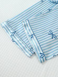 2 Pieces Satin Striped Bow Pajama Set, Sweet And Cute Lapel Button Long Sleeve Top And Pants, Women's Sleepwear And Loungewear Suitable For Home Use - Blue - View 8