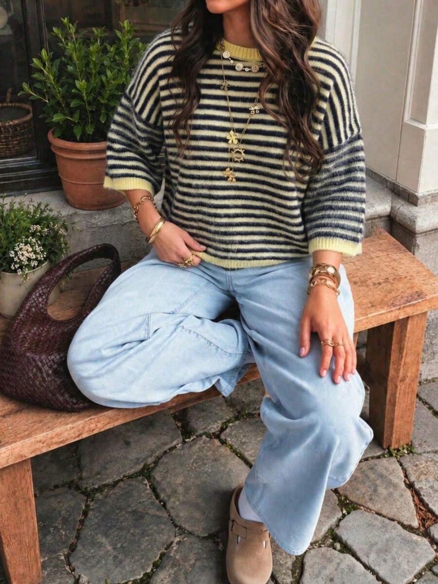 Women's Retro Casual Short Sleeve Striped Dropped Shoulder Fuzzy Knit Sweater Top, Autumn/Winter - Multicolor - View 1