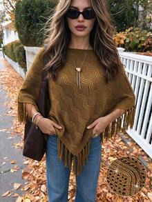 Autumn Brown Fringe Knit Poncho Cape For Women Wave Hollow Pattern Asymmetric Wrap Fall Clothes Elegant Casual Going Out Outfits - Brown - View 9