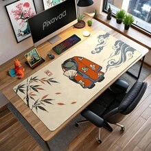 Whimsical Frog In Red Robe Extended Mouse Pads, Bamboo And Ocean Wave Asian Art Print, Smooth Fabric Surface Desk Mats For Gaming, Computer, Keyboard, Home Office And Study, 3 Sizes Available - View 1