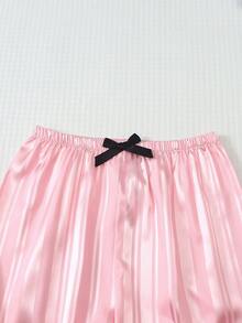 2pcs Satin Striped Pajama Set, Sweet & Cute Lapel Button Long Sleeve Top And Pants, Women's Sleepwear And Loungewear For Home Use - Pink - View 7