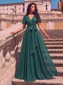 Elegant Green Bridesmaid Dress With Flounce Short Sleeves, Overlap Collar, And Belted Long Skirt, Perfect For Formal Parties And Prom - Dark Green - View 4