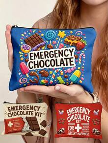 "Emergency Chocolate" Slogan Storage Bag/Travel Toiletry Bag, Zipper Closure, Suitable For Travel, Business Trip, Vacation And Camping - Multicolor - View 14
