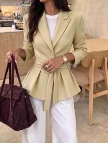 Elegant Women's Cream-Colored Blazer, Woven Fabric, Tie Waist, Ruffle Hem, Exuding Sophisticated Autumn Charm - Apricot - View 10