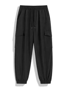 Men's Solid Color Lightweight Minimalist Multi-Pocket Cargo Pants, Fashionable Tapered Leg, Campus Style, Outdoor Hiking Casual Pants - Black - View 3