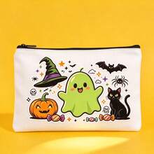 1pc Halloween Ghost Pumpkin Print Canvas Pencil Case, Halloween Element Printed Zipper Storage Bag, Black Cat Bat Pattern, Zippered Large Capacity Storage Bag, Student Stationery Makeup Dual-Use Bag - Multicolor - View 1