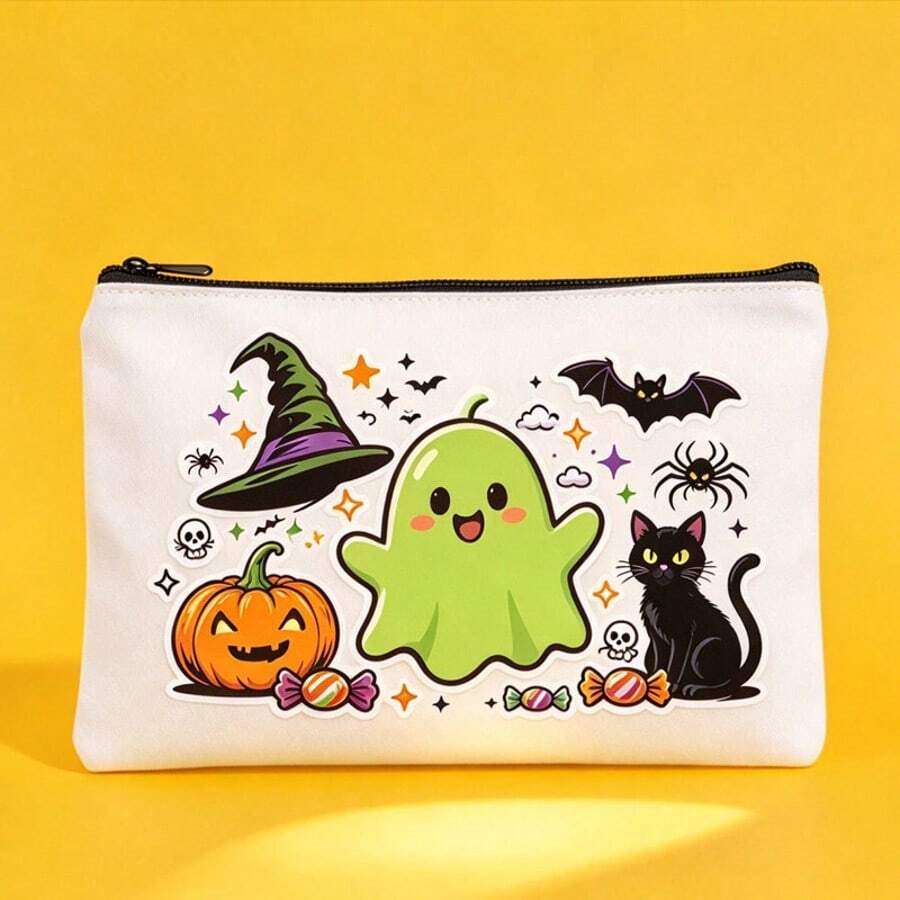 1pc Halloween Ghost Pumpkin Print Canvas Pencil Case, Halloween Element Printed Zipper Storage Bag, Black Cat Bat Pattern, Zippered Large Capacity Storage Bag, Student Stationery Makeup Dual-Use Bag - Multicolor - View 1