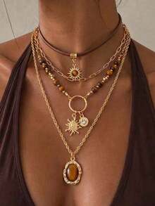 4pcs Luxury Fashion Maillard Color Geometric Oval Sun Tiger Eye Stone Multi-Layer Women's Necklace, Best Autumn/Winter Accessory Necklace, Perfect Gift (Pendant Texture Random) - Multicolor - View 3