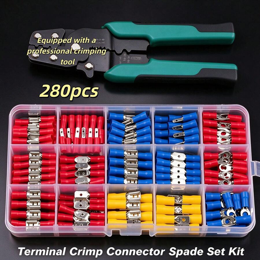 280pcs Electrical Connector Set, Assorted Cable Terminals, Insulated Crimp Terminals, Cold Pressed Terminals, Wire Connectors, Pre-Insulated Copper Terminals, Automotive Parts, Automotive Machinery, Marine Wiring, Men's Tools - A - View 1