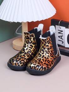 Children's Leopard Print Chelsea Boots, Side Elastic Band Slip-On Ankle Boots, Suitable For Girls' Autumn/Winter Wear - Gold - View 8