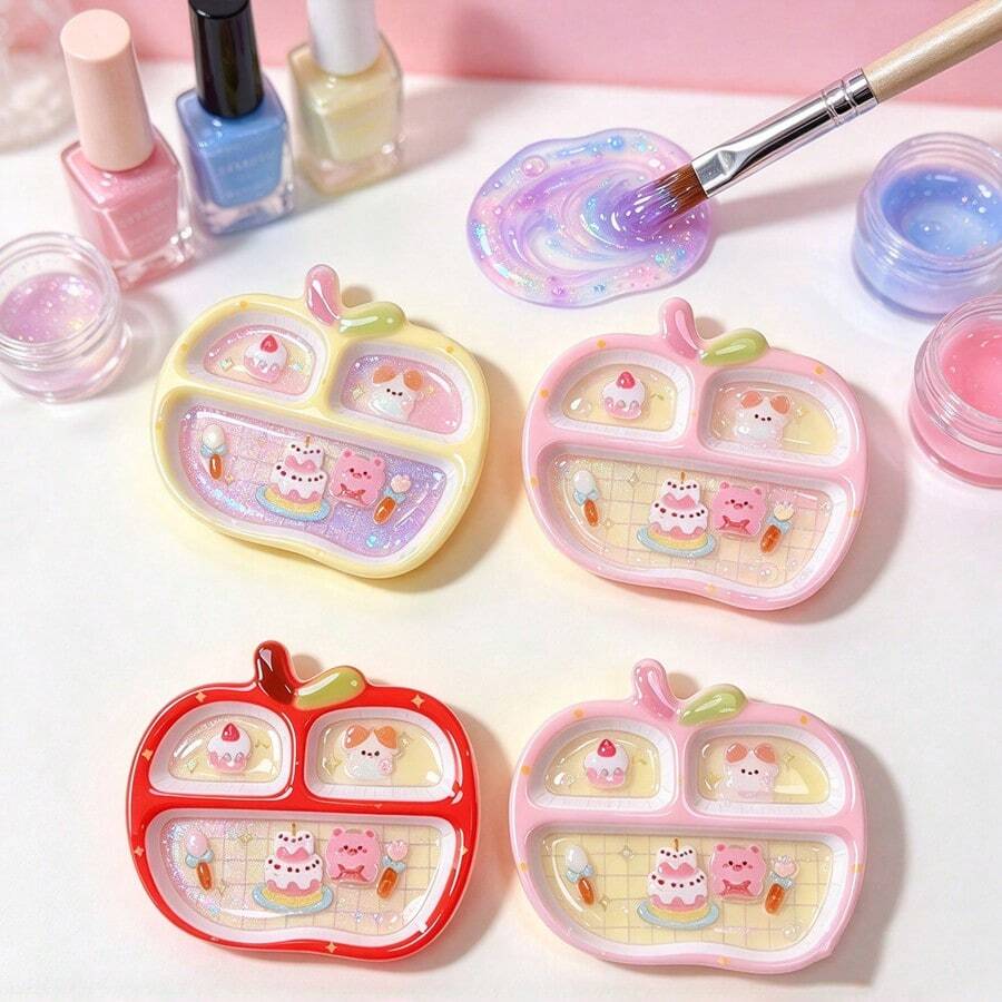 1pc Mini Apple Shaped Nail Art Palette, 3-Compartment Nail Rhinestone & Pearl Storage Tray, Multi-Functional Nail Gel Color Palette, Cute Doodle Watercolor Box - Multicolor - View 1