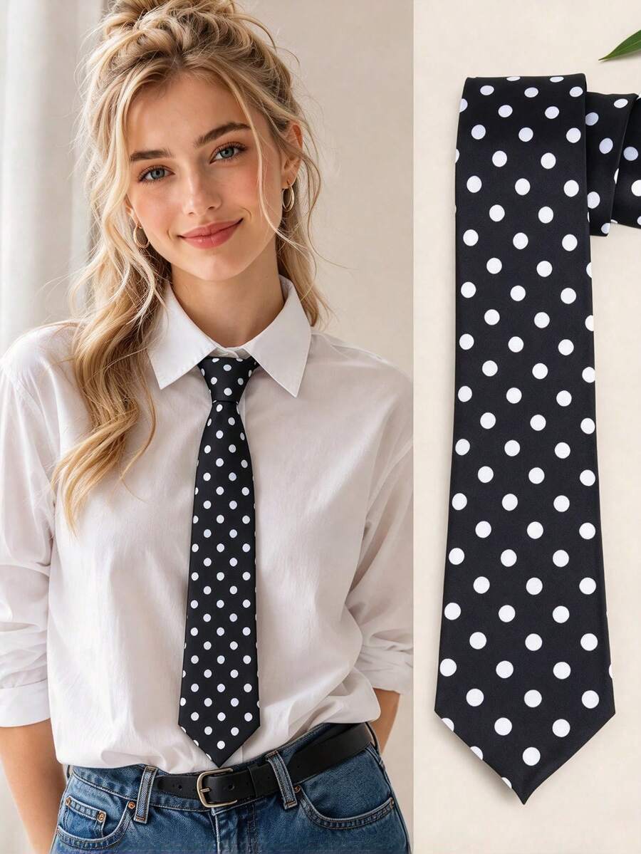 1pc Polka Dot Tie, Personalized Printed Tie, Hand-Tied Tie, Solid Color Tie (8cm Wide) - Multicolor - View 1
