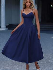 Unadoll Women's Autumn Deep Blue Spaghetti Strap Midi Dress, V-Neck Tie Back Open Back A-Line Skirt, Suitable For Birthday Party, Autumn Date Night - Navy Blue - View 2