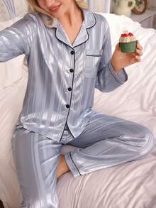 2pcs Satin Striped Pajama Set, Sweet & Cute Lapel Button Long Sleeve Top And Pants, Women's Sleepwear And Loungewear For Home Use - Grey - View 1