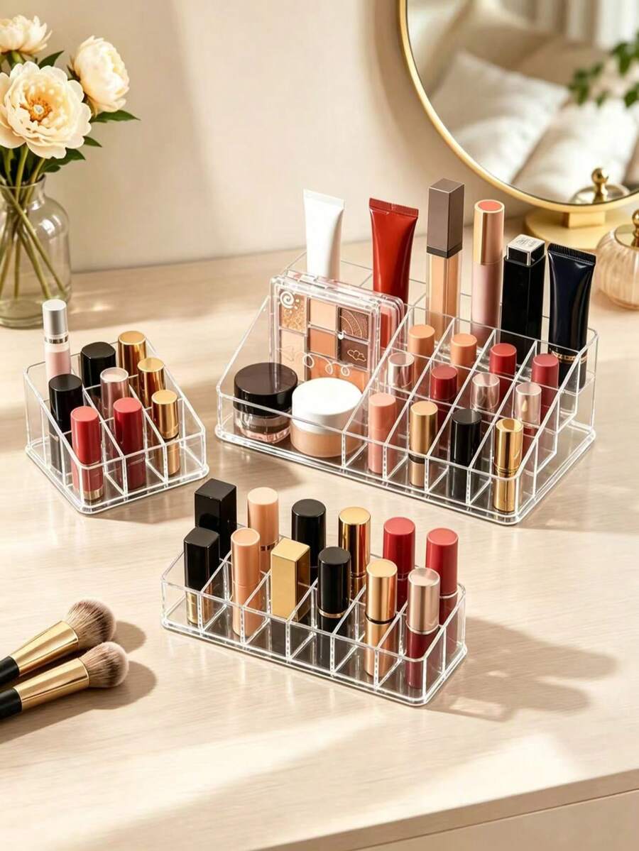 1pc Clear Cosmetic Organizer, Tilted Multi-Layer Makeup Storage Rack For Lipstick, Serums, Brushes, Bathroom & Vanity Display Shelf, Multi-Size Option (9/12/16 Grid)