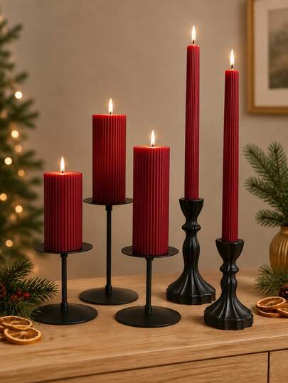 Burgundy Cylindrical And Pillar Candle Aromatherapy Set, Rose Scented Soy Wax Candle With Vertical Striped Design, Christmas Home Decor Candle, Can Be Paired With Candle Holder As Gift For Women, Halloween, Party, Home Decor Candle, Ramadan Cylindrical Candle Decoration Set, Party Candle Centerpiece, Suitable As Winter Gift For Women, Friends And Family