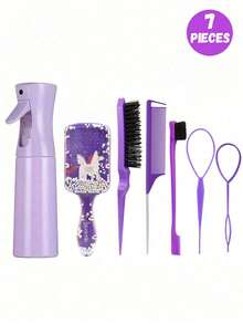 7pcs/1set Children's Cute Cartoon Square Comb & Spray Bottle Set, Cartoon Eiffel Tower Print Anti-Static Plastic Comb, Portable Pattern Hair Pin, High-Pressure Atomizing Spray Bottle, Suitable For Children, Normal Hair, Durable ABS Handle, Cute Square Design, Hair Styling Tool Set - Multicolor - View 8
