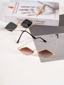 Women's Geometric Diamond Shape Sunglasses, Thin Metal Frame Gradient Lens Retro Fashion UV Protection Shades For Daily Outfit - Multicolor - View 6
