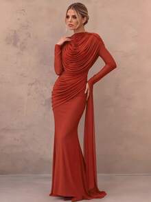 Solid Color Elegant Spliced Mesh Draped Evening Gown For Party And Formal Dinner - Rust Brown - View 3