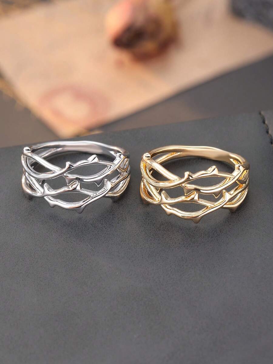 1pc Fashionable High-End Women's Dual-Tone Gold & Silver Embroidered Hollow Ring, Asymmetrical Striped Copper Statement Ring Jewelry, Suitable For Holiday And Daily Wear, Perfect Gift Choice - Rattan Ring - View 1