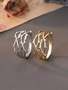 1pc Fashionable High-End Women's Dual-Tone Gold & Silver Embroidered Hollow Ring, Asymmetrical Striped Copper Statement Ring Jewelry, Suitable For Holiday And Daily Wear, Perfect Gift Choice - Rattan Ring - View 2