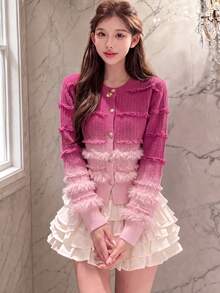 Women's Autumn/Winter Casual Elegant Gradient Design Frayed Hem Cardigan Sweater Jacket Pink Fall - Pink - View 1