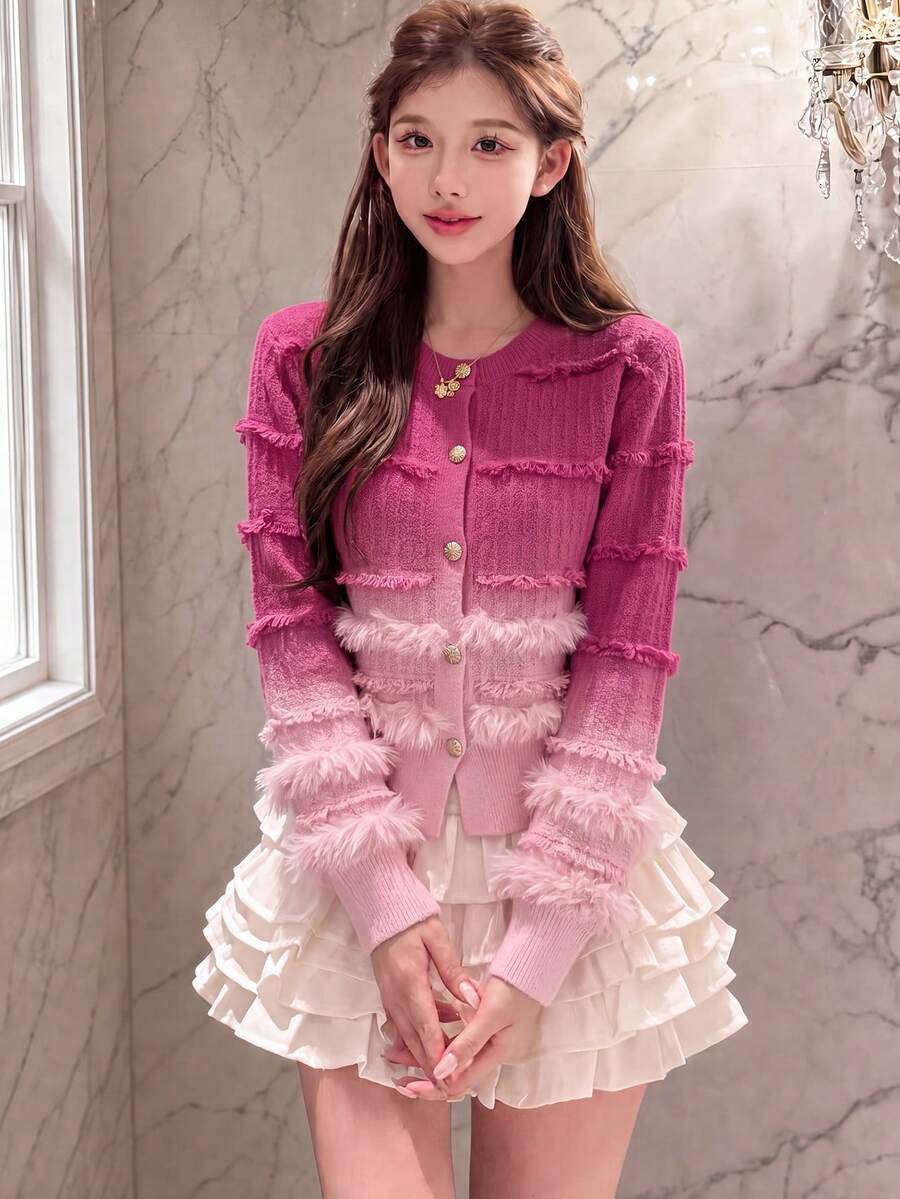 Women's Autumn/Winter Casual Elegant Gradient Design Frayed Hem Cardigan Sweater Jacket Pink Fall - Pink - View 1