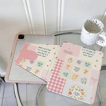 1pc Cute Floral Quote Plaid Print 360° Rotatable Tablet Protective Case, Multi-Angle Viewing Book-Style Stand, Compatible With IPad A16 2025, Galaxy Tab S9 FE/S8 Plus/S7/S10, Pad, MatePad, Pad, Honor Pad, Pad - Multicolor - View 3