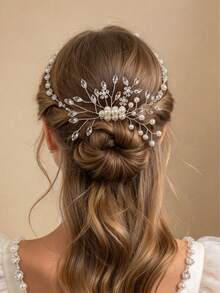 1pc Luxury Shiny Handmade Beaded Pearl Rhinestone Leaf Hair Comb, Silver Metal Hair Comb, Bridal Banquet Back Head Bun Hair Accessory - Multicolor - View 6