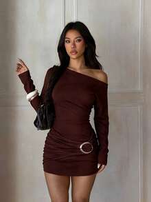 Women's Fall Elegant Burgundy Knit One Shoulder Y2K Mini Dress, For Date, Party, Birthday, Holiday, Wedding, Winter, Halloween, Christmas,Hoco - Burgundy - View 4
