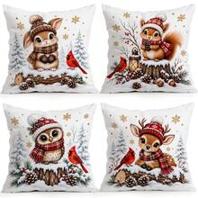 4pcs Forest Animals Christmas Pillow Covers, Rabbit Squirrel Owl Deer Cardinal Bird Print Pattern, Single-Sided Printed Pillow Covers/Cushion Covers, Multi-Scene Atmosphere Decoration Pillow Covers Suitable For Living Room Sofa Bedroom, Pillow Insert Not Included - Multicolor - View 2