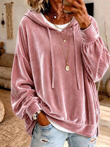 Elegant Purple Velvet Hoodie, Casual Drop Shoulder Drawstring Loose Pullover, Suitable For Autumn - Pink - View 1