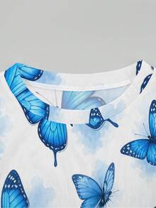 Women Blue Butterfly Print Mesh Long Sleeve Top, Crew Neck Sheer See Through Slim Fit Shirt, Ruffle Cuff Casual Layering Tee - Multicolor - View 5